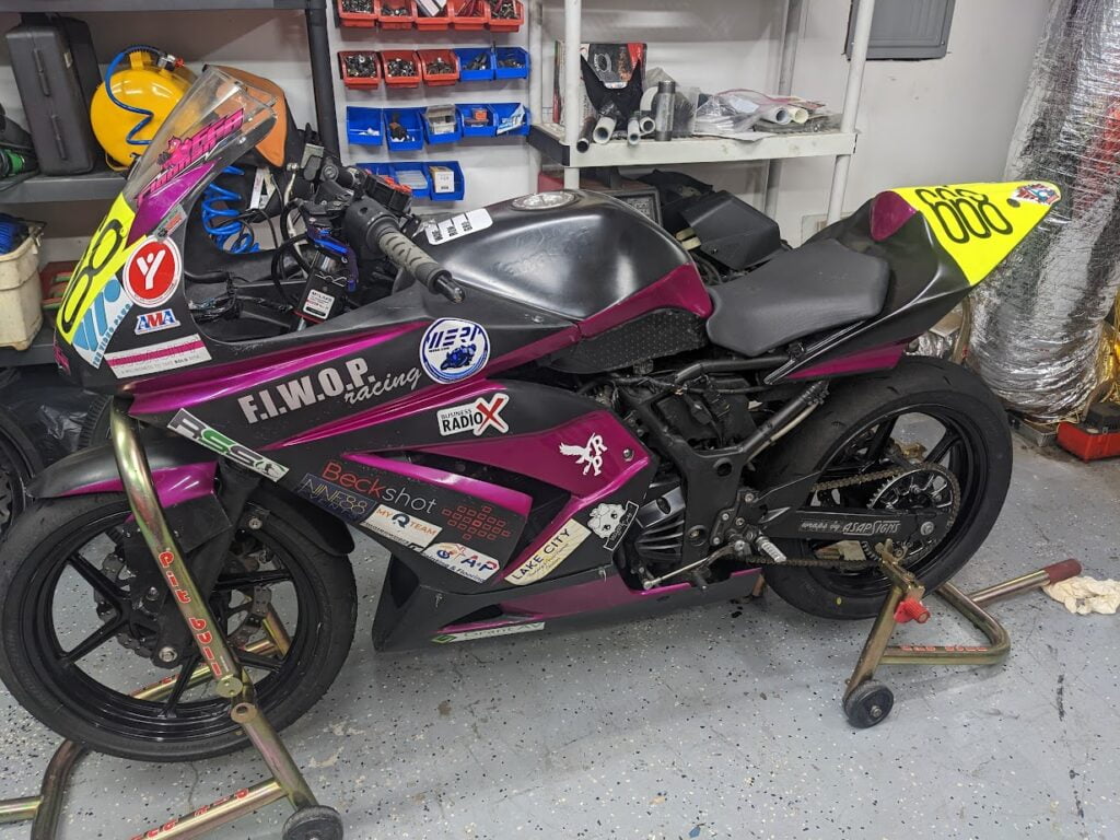 After the crash I mentioned in the 2022 Talladega WERA Race Recap, this was how the bike looked four days later. 